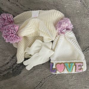 Love embellished stocking cap with scarf / gloves